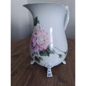 Shabby Chic Silver Plated Water Pitcher 9" in height Creamy Tan with Rabbit